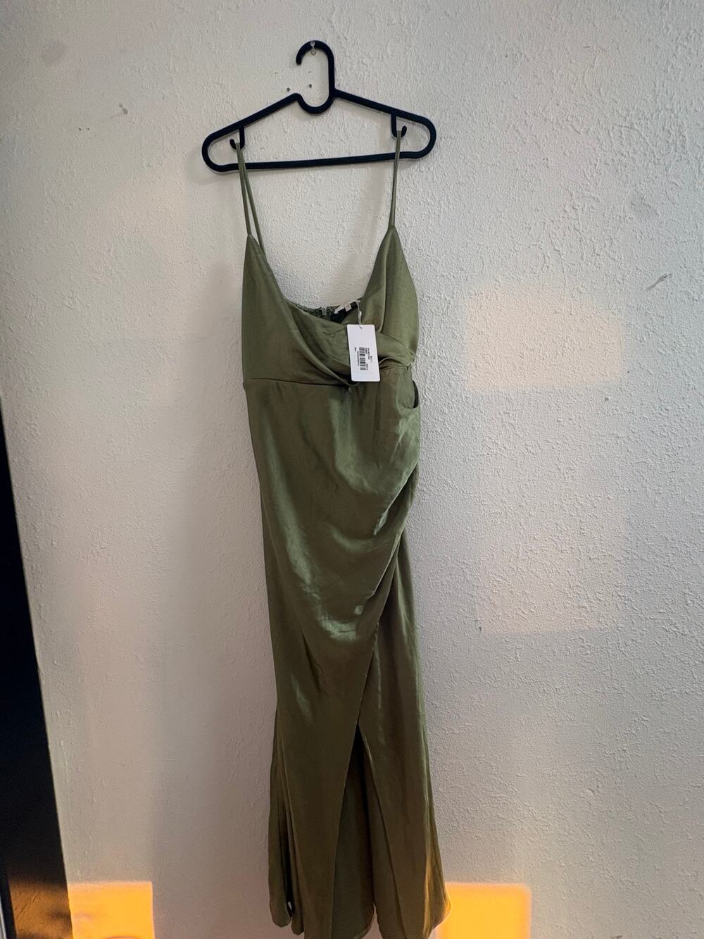 BILLY J Olive Satin Draped Maxi Dress Size 12 NWT